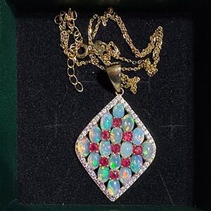 Gold Opal and ruby 925 Necklace - Women Jewelry
